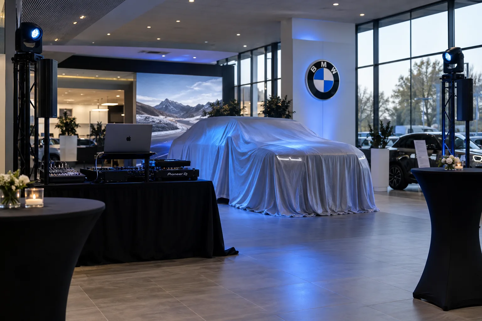 Showroom automobile préparé pour une soirée de lancement, régie DJ et éclairage installés par Anima Musica