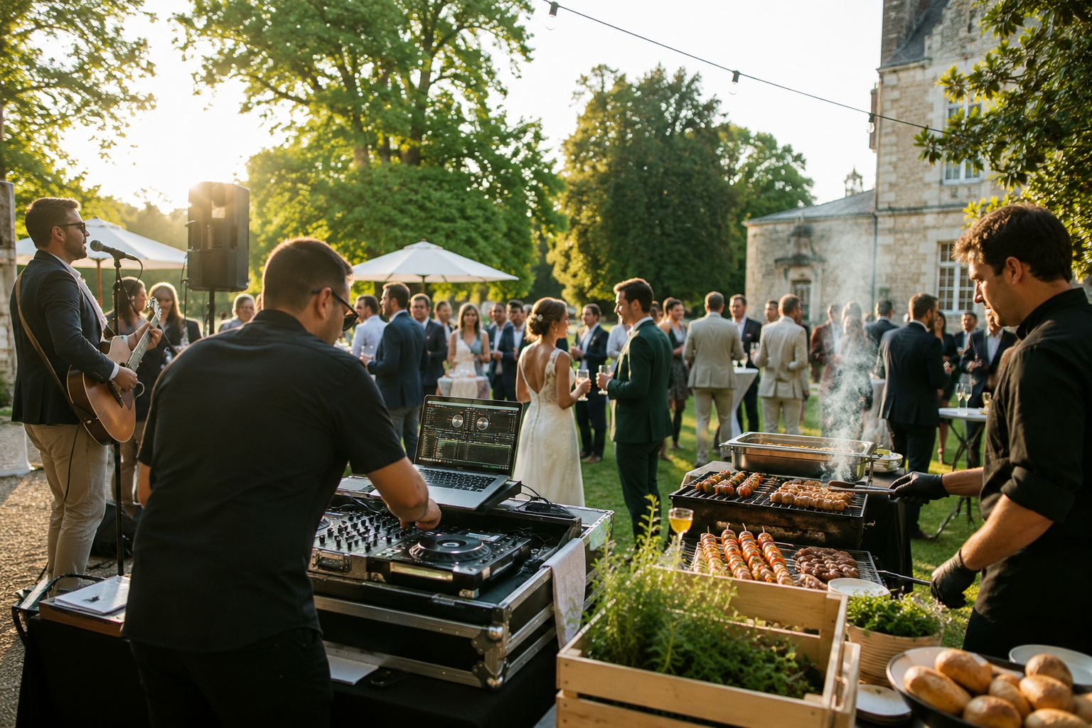 DJ pendant le cocktail d'un mariage en extérieur