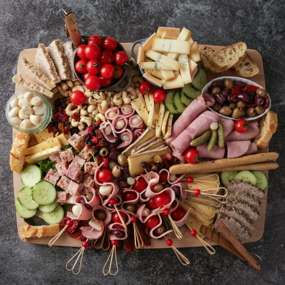 Planche apéritive : charcuteries, fromages, brochettes tomate-mozzarella