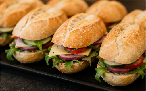 Sandwichs baguette garnis, dressés sur plateau